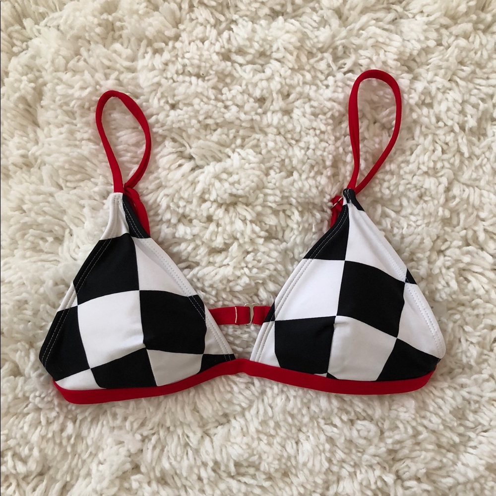 Checkered bikini top with red accents